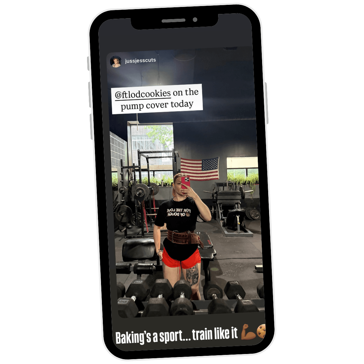 A woman in the gym wearing FTLOD merch